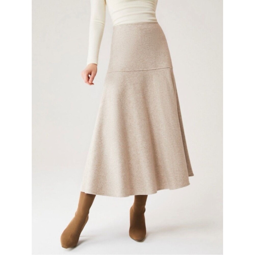 NWT OGL FuzzLuxe Flared Maxi Skirt Heather Beige A-Line Winter Office Women's S
